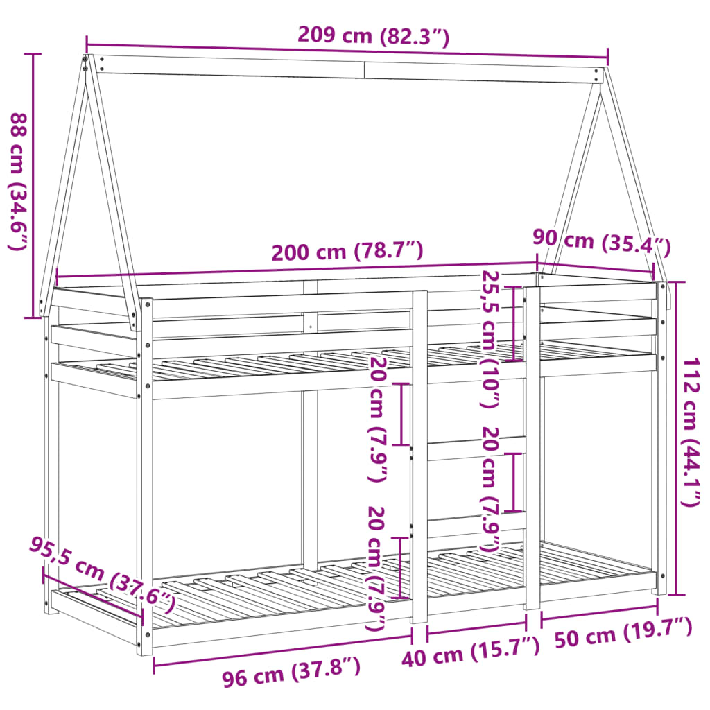 vidaXL Stapelbed met bedhuis massief grenenhout wasbruin 90x200 cm