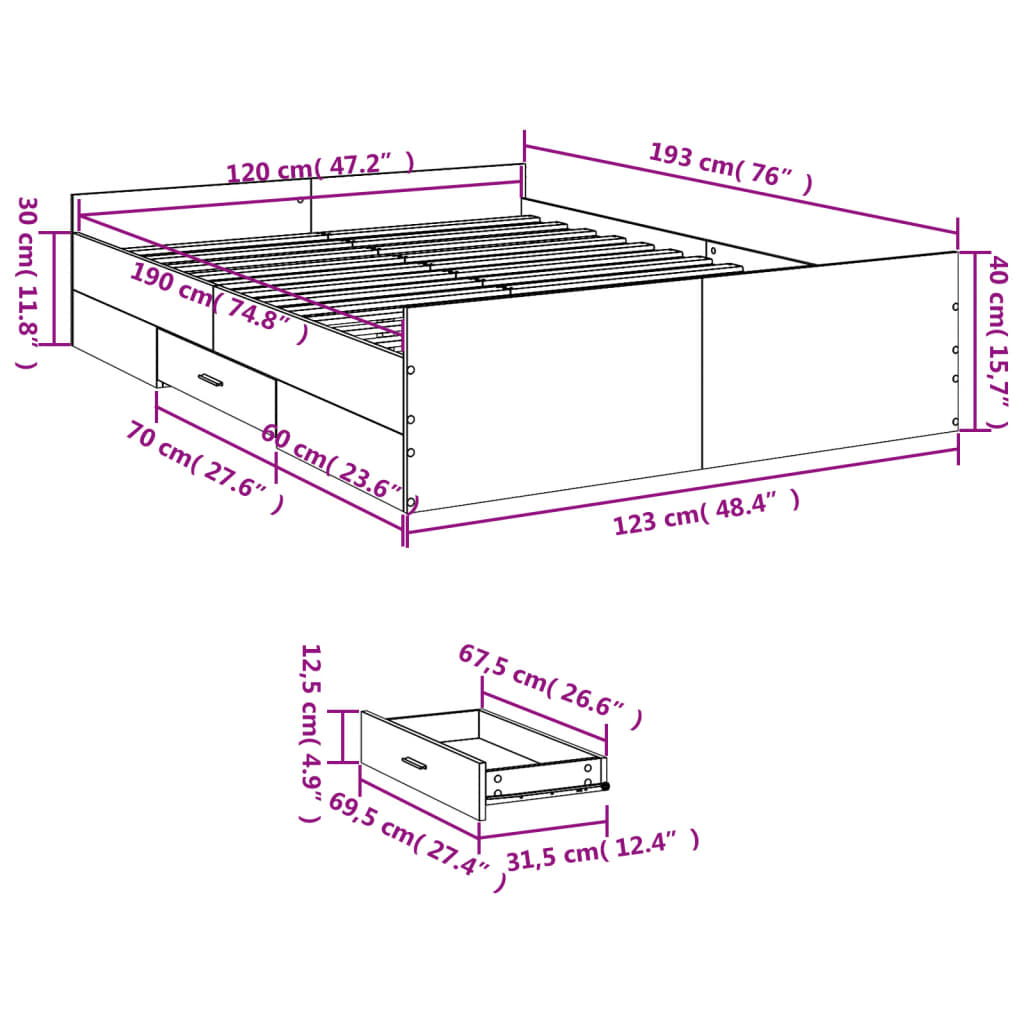 vidaXL Bedframe met lades bewerkt hout bruin eikenkleur 120x190 cm