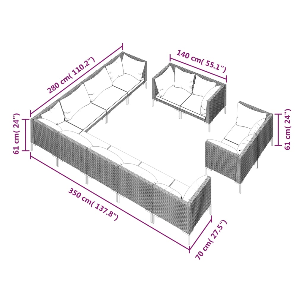 vidaXL 12-delige Loungeset met kussens poly rattan donkergrijs