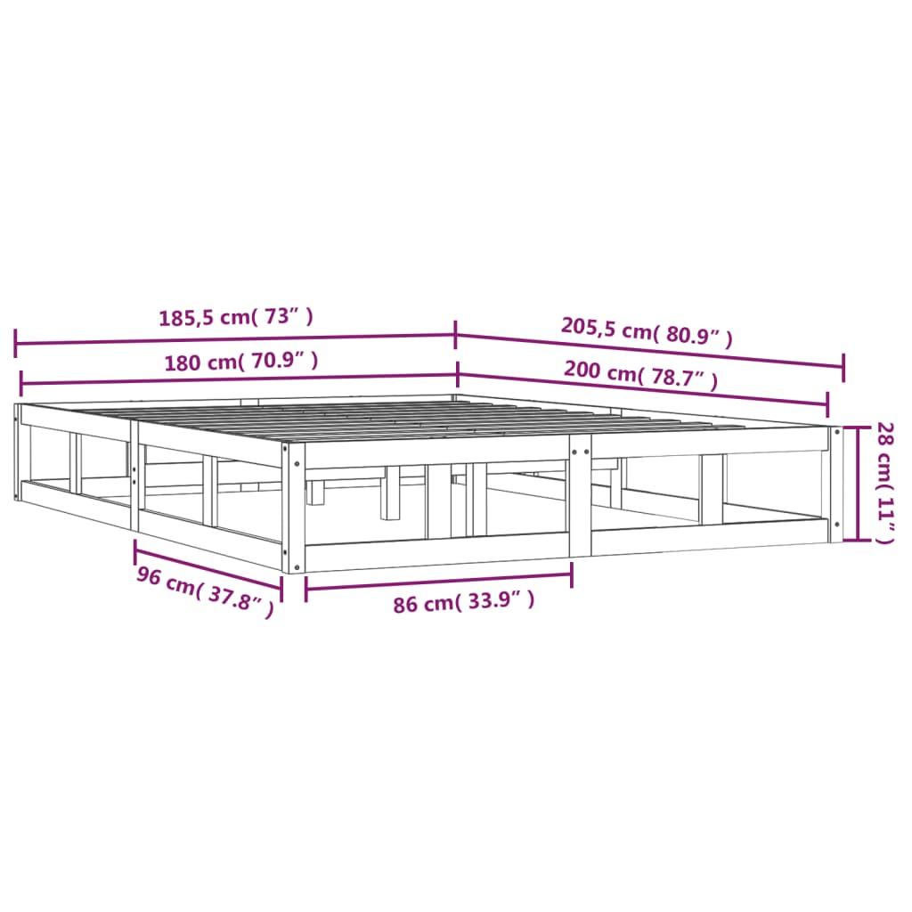 vidaXL Bedframe massief hout zwart 180x200 cm