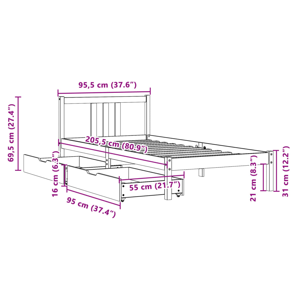 vidaXL Bedframe zonder matras massief grenenhout wit 90x200 cm