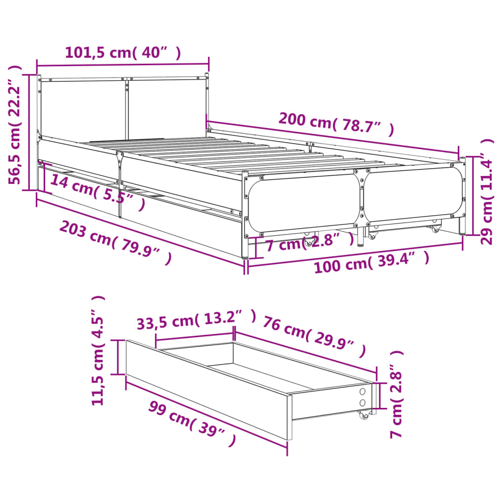 vidaXL Bedframe met lades bewerkt hout gerookt eikenkleurig 100x200 cm