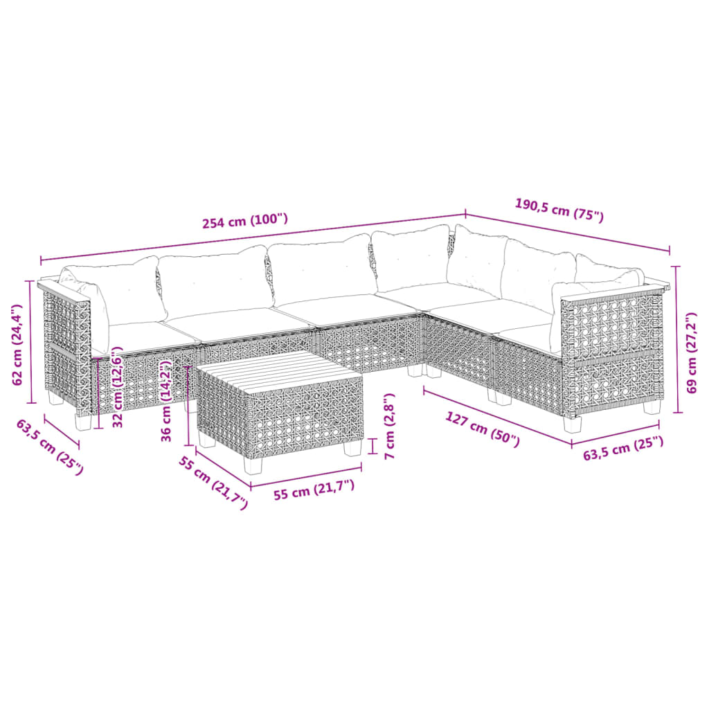 vidaXL 7-delige Loungeset met kussens poly rattan zwart