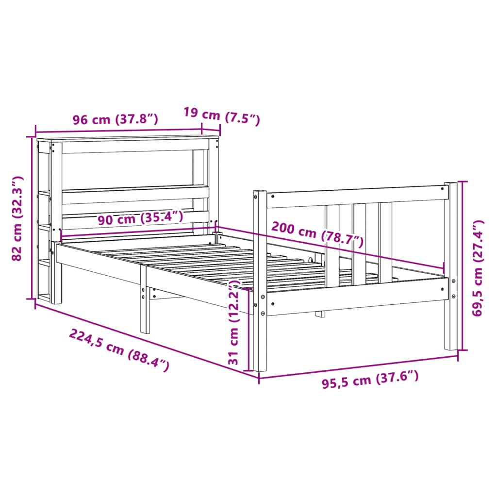 vidaXL Bedframe met hoofdeinde zonder matras 90x200 cm wit