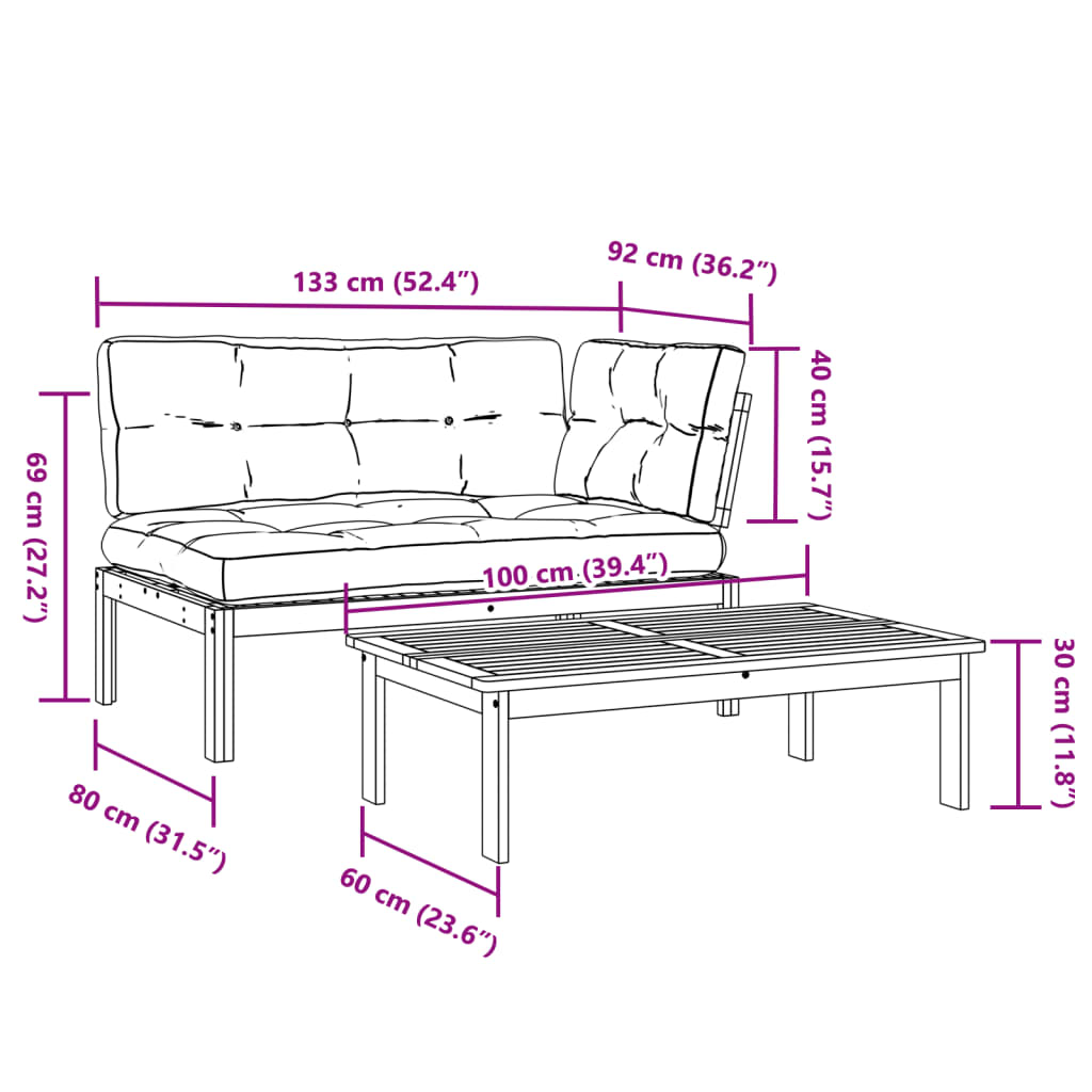 vidaXL 2-delige Loungeset pallet met kussens massief acaciahout