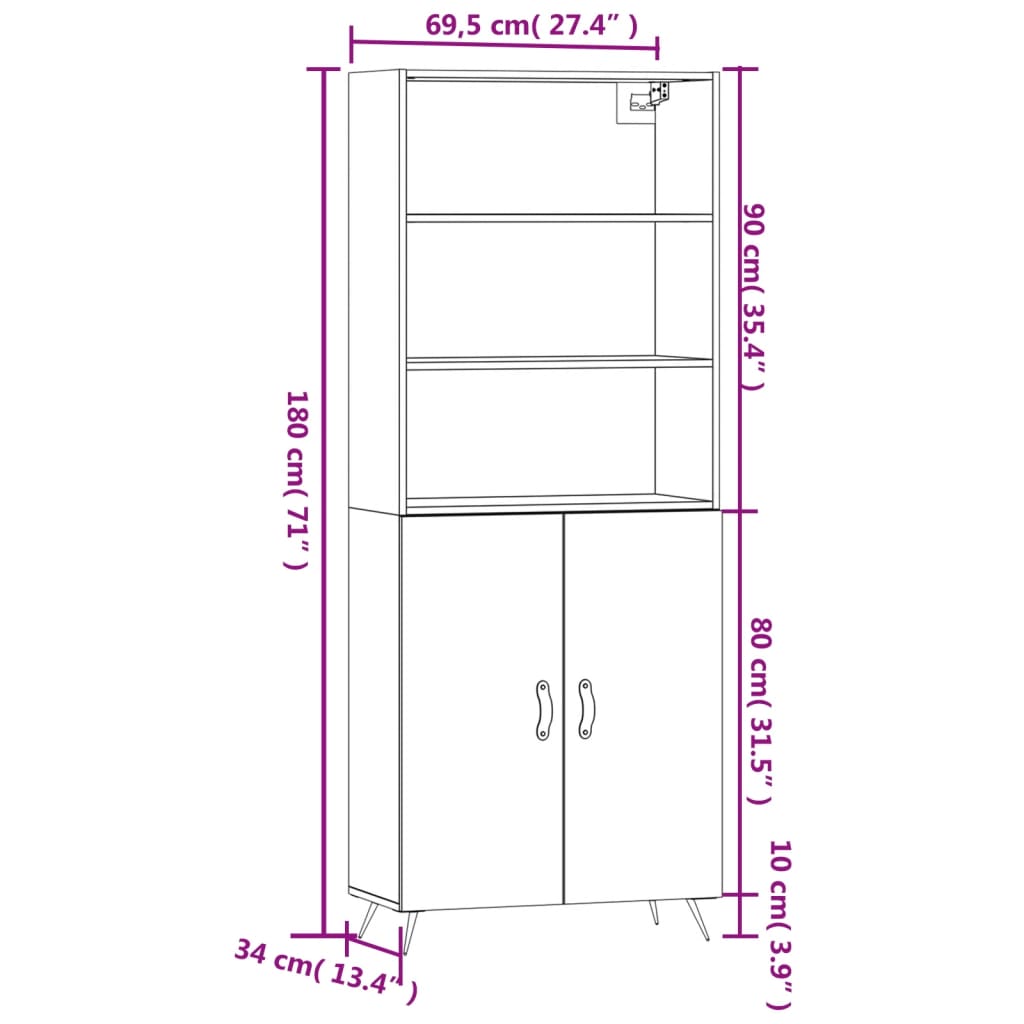 vidaXL Hoge kast 69,5x34x180 cm bewerkt hout betongrijs