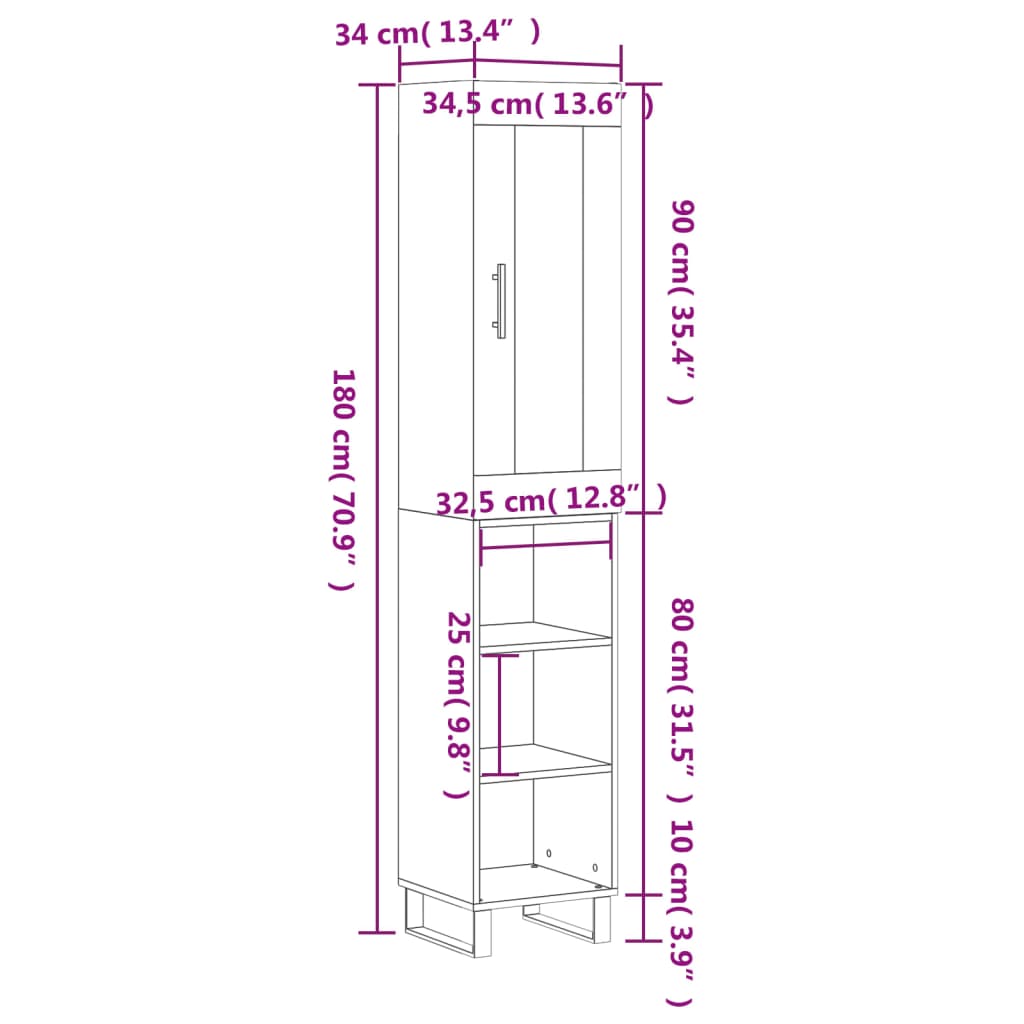 vidaXL Hoge kast 34,5x34x180 cm bewerkt hout gerookt eikenkleurig