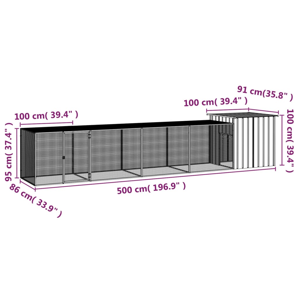 vidaXL Kippenhok 500x91x100 cm gegalvaniseerd staal grijs