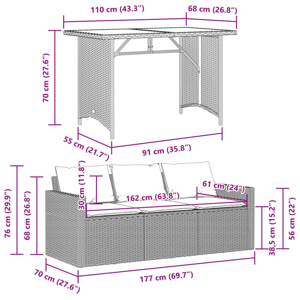 vidaXL 2-delige Tuinset met kussens poly rattan lichtgrijs