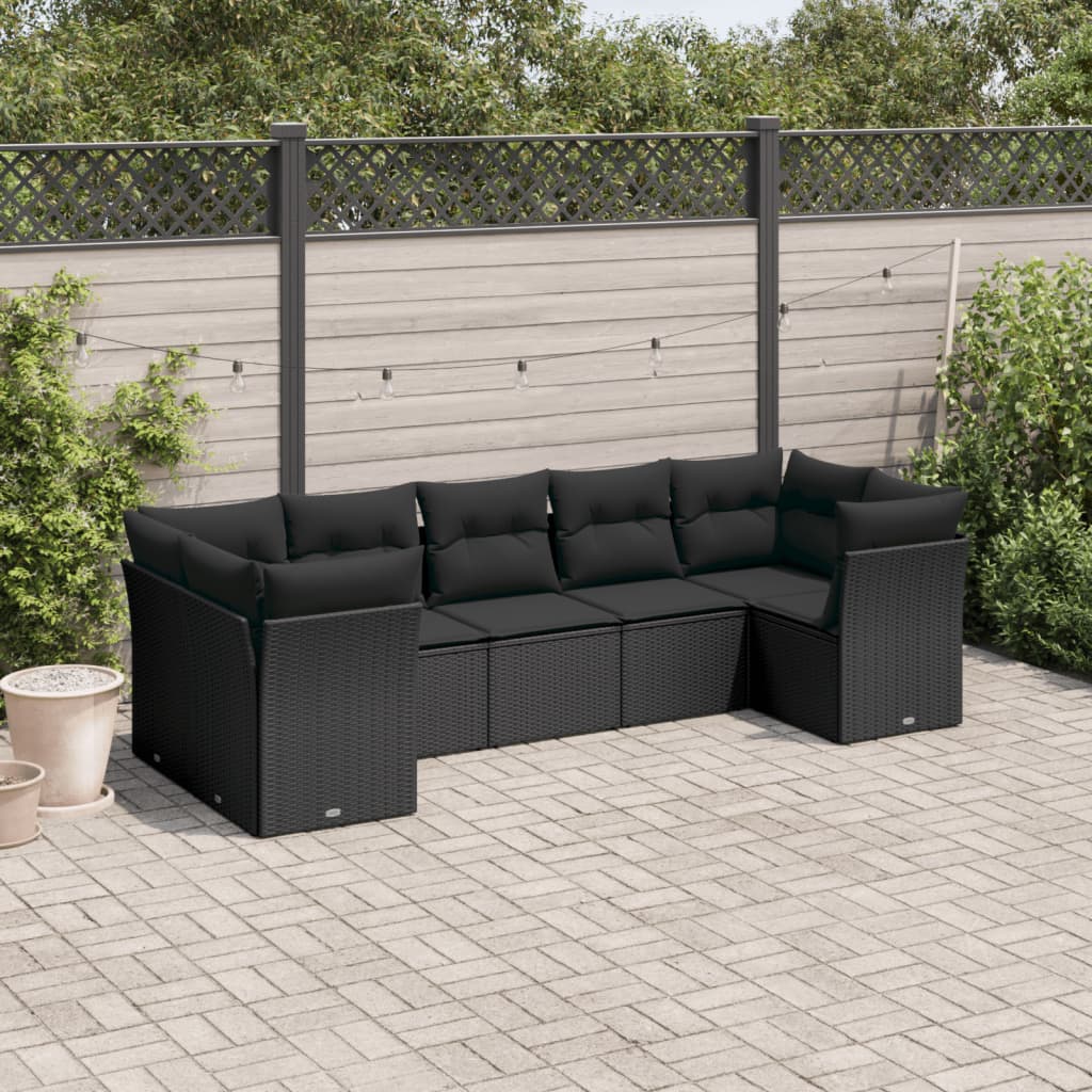 vidaXL 7-delige Loungeset met kussens poly rattan zwart