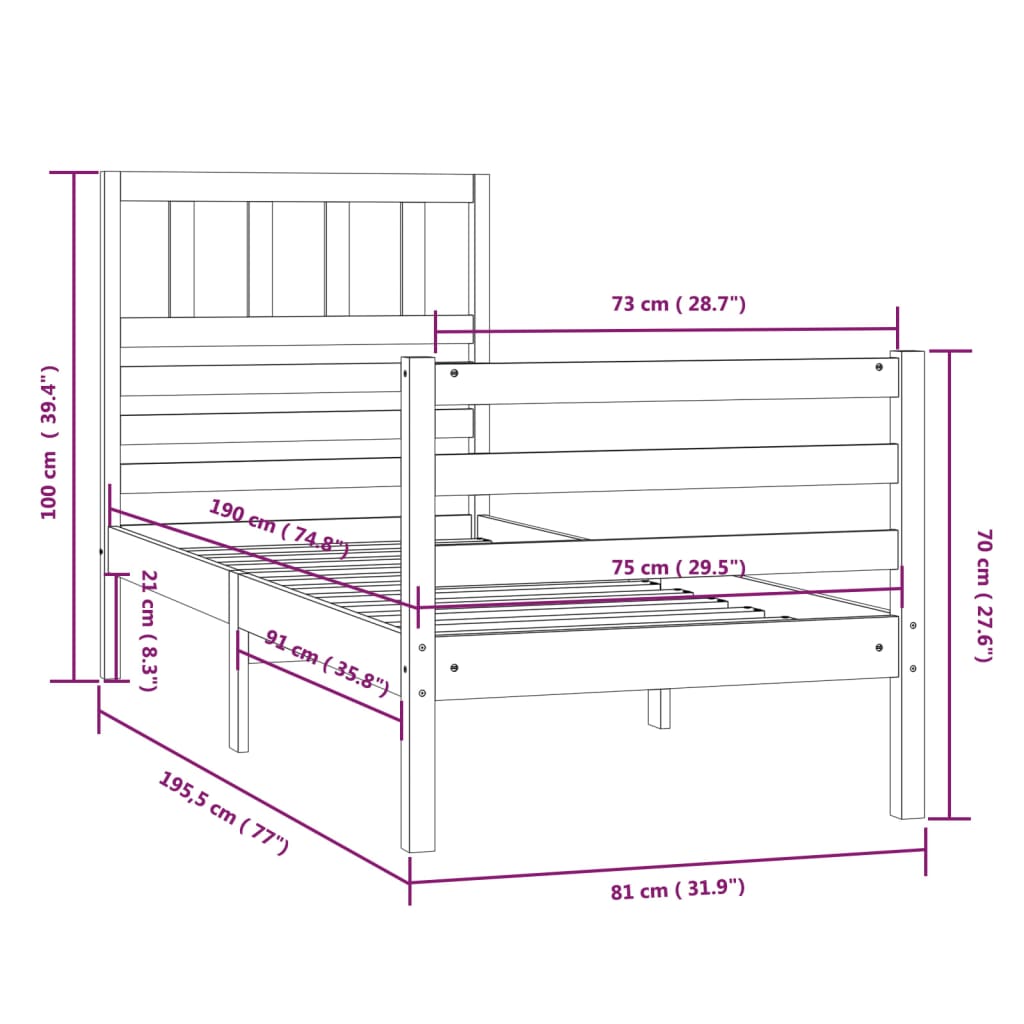 vidaXL Bedframe massief hout 75x190 cm