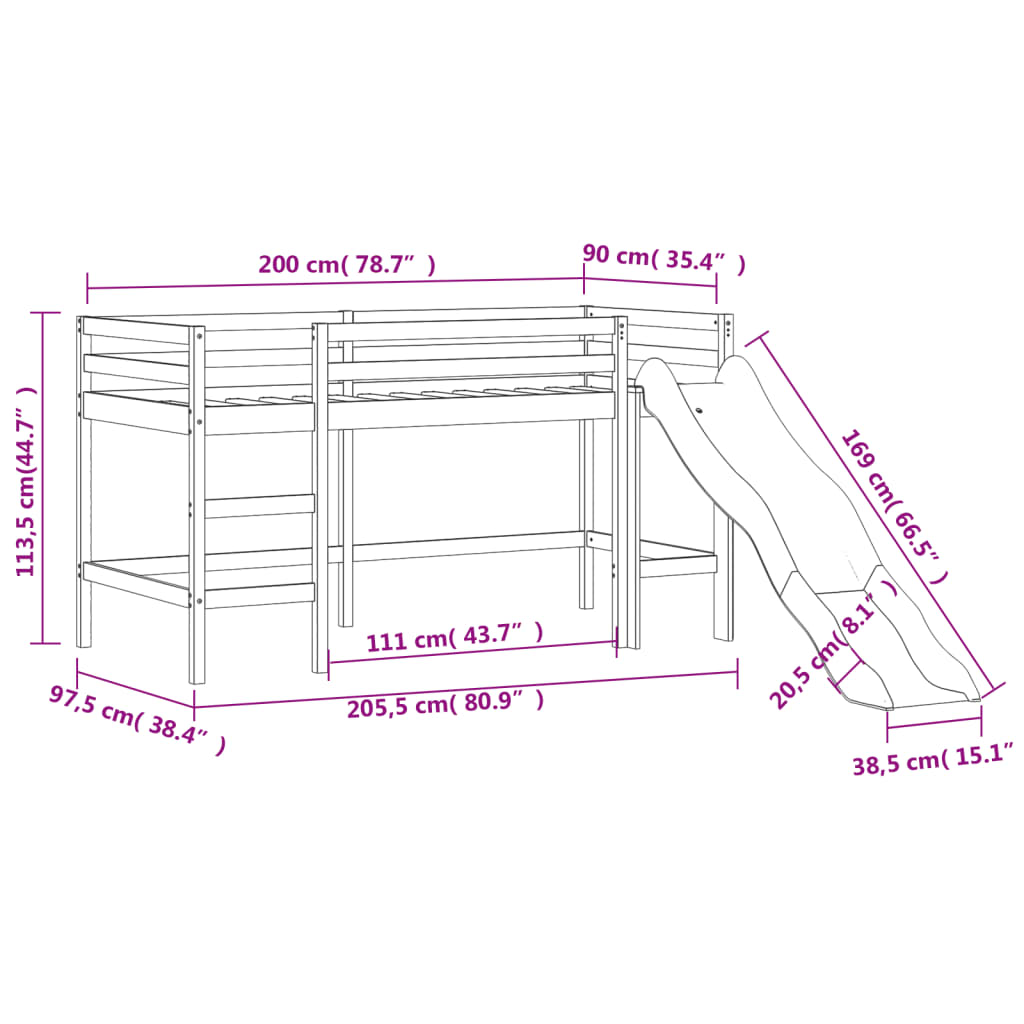 vidaXL Kinderhoogslaper met tunnel 90x200 cm grenenhout wit en zwart