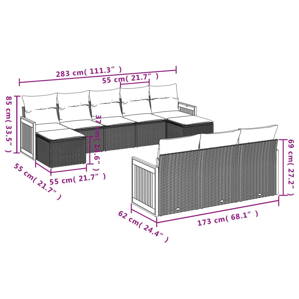 vidaXL 10-delige Loungeset met kussens poly rattan zwart