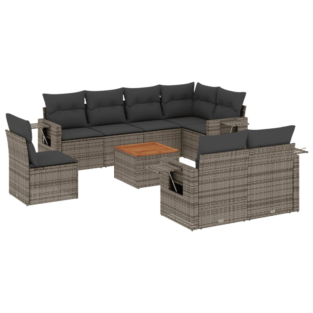 vidaXL 9-delige Loungeset met kussens poly rattan grijs