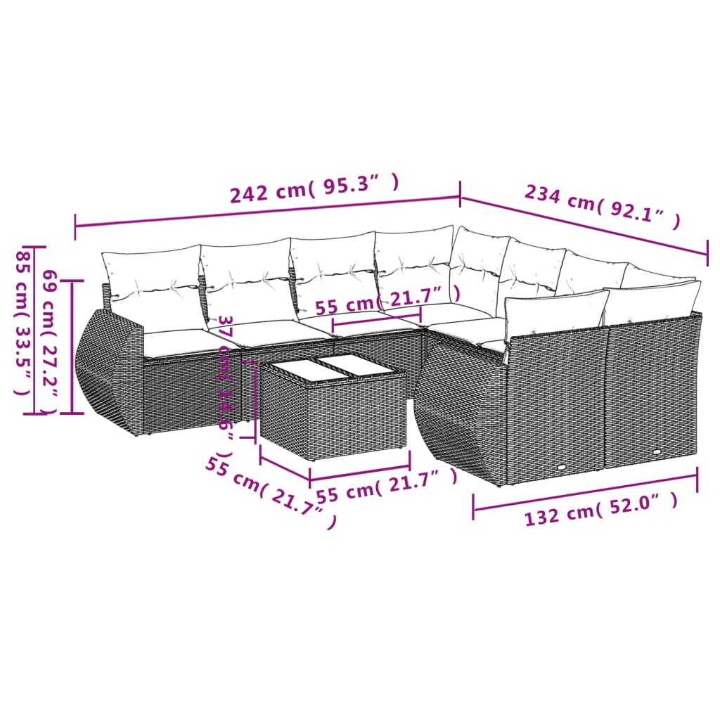 vidaXL 9-delige Loungeset met kussens poly rattan grijs