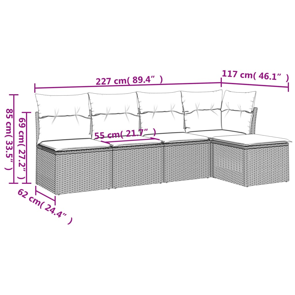 vidaXL 5-delige Loungeset met kussens poly rattan zwart