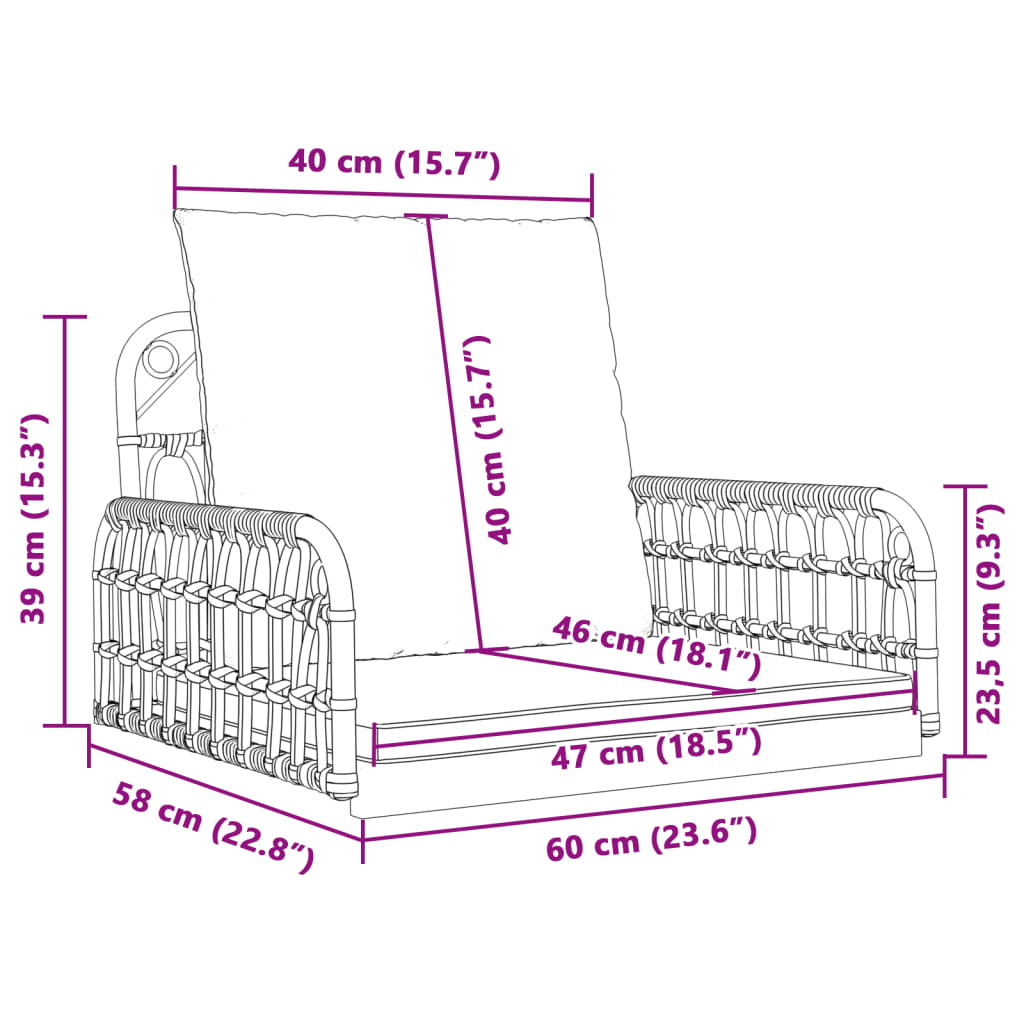 vidaXL Schommelstoel met kussens 63x58x39 cm poly rattan en staal