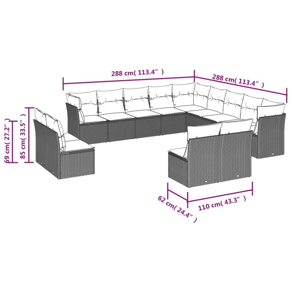 vidaXL 13-delige Loungeset met kussens poly rattan beige