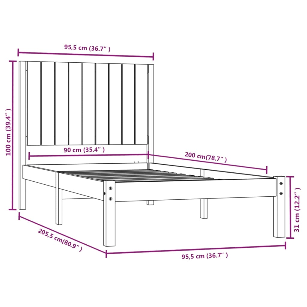 vidaXL Bedframe massief grenenhout grijs 90x200 cm