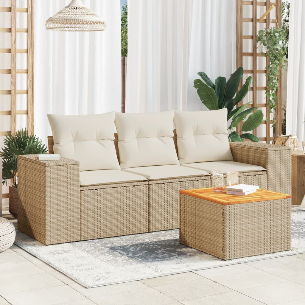 vidaXL 4-delige Loungeset met kussens poly rattan beige