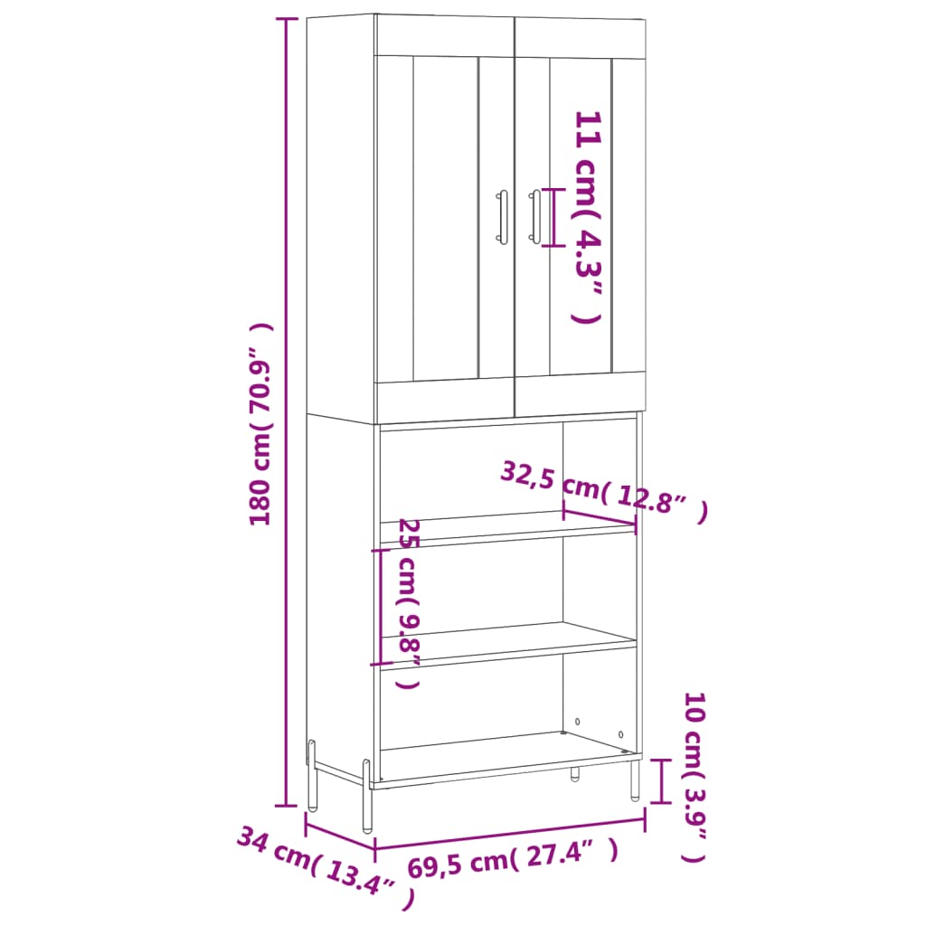 vidaXL Hoge kast 69,5x34x180 cm bewerkt hout betongrijs