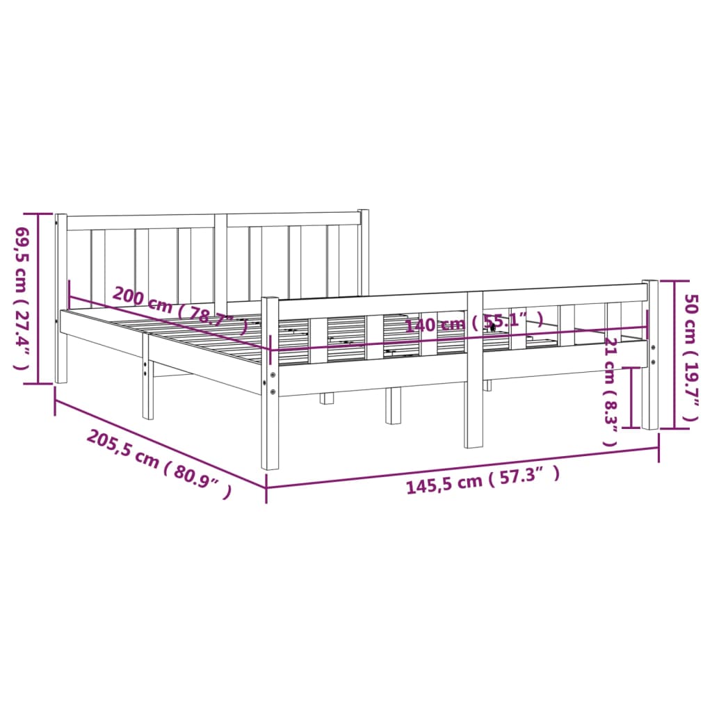 vidaXL Bedframe massief hout grijs 140x200 cm