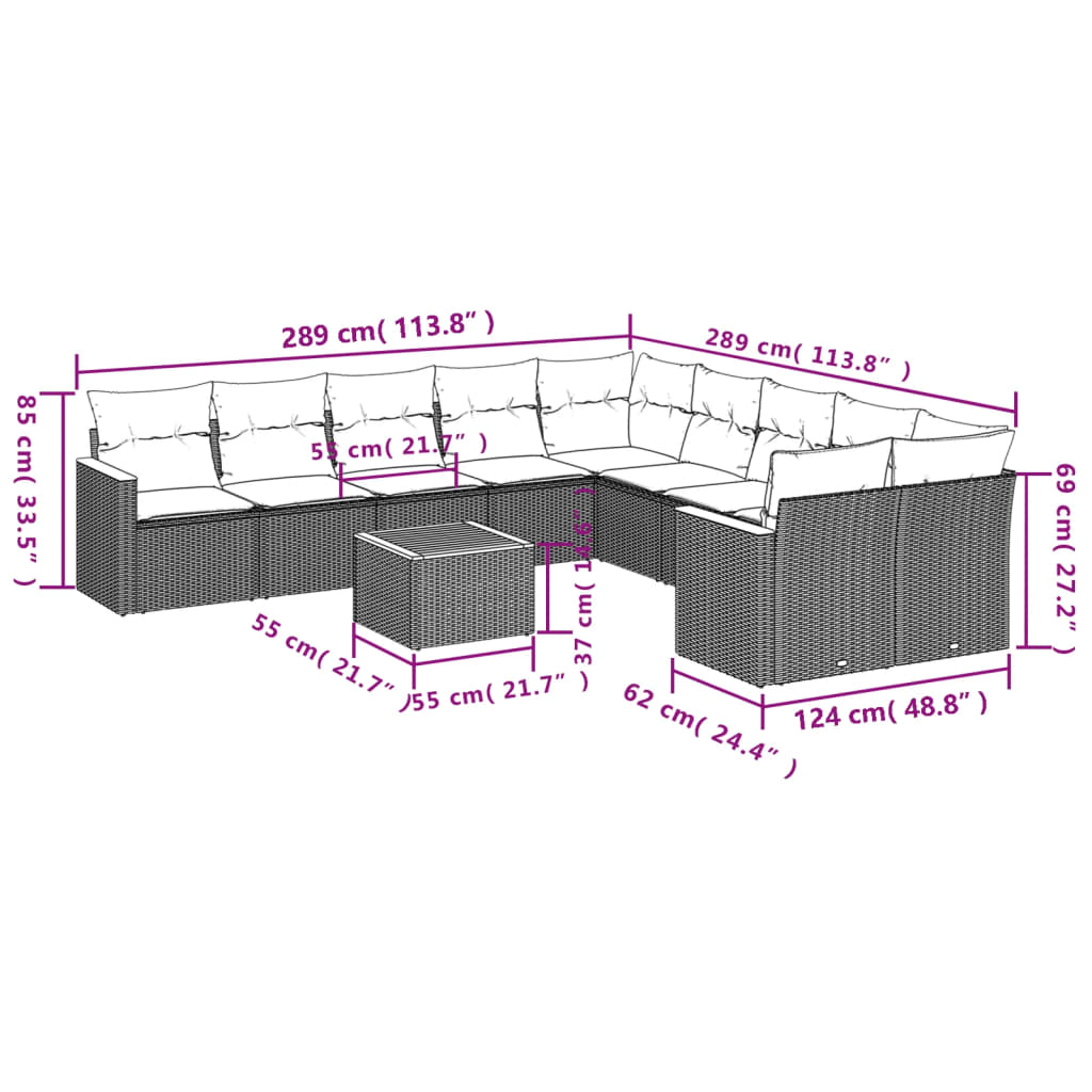 vidaXL 11-delige Loungeset met kussens poly rattan grijs