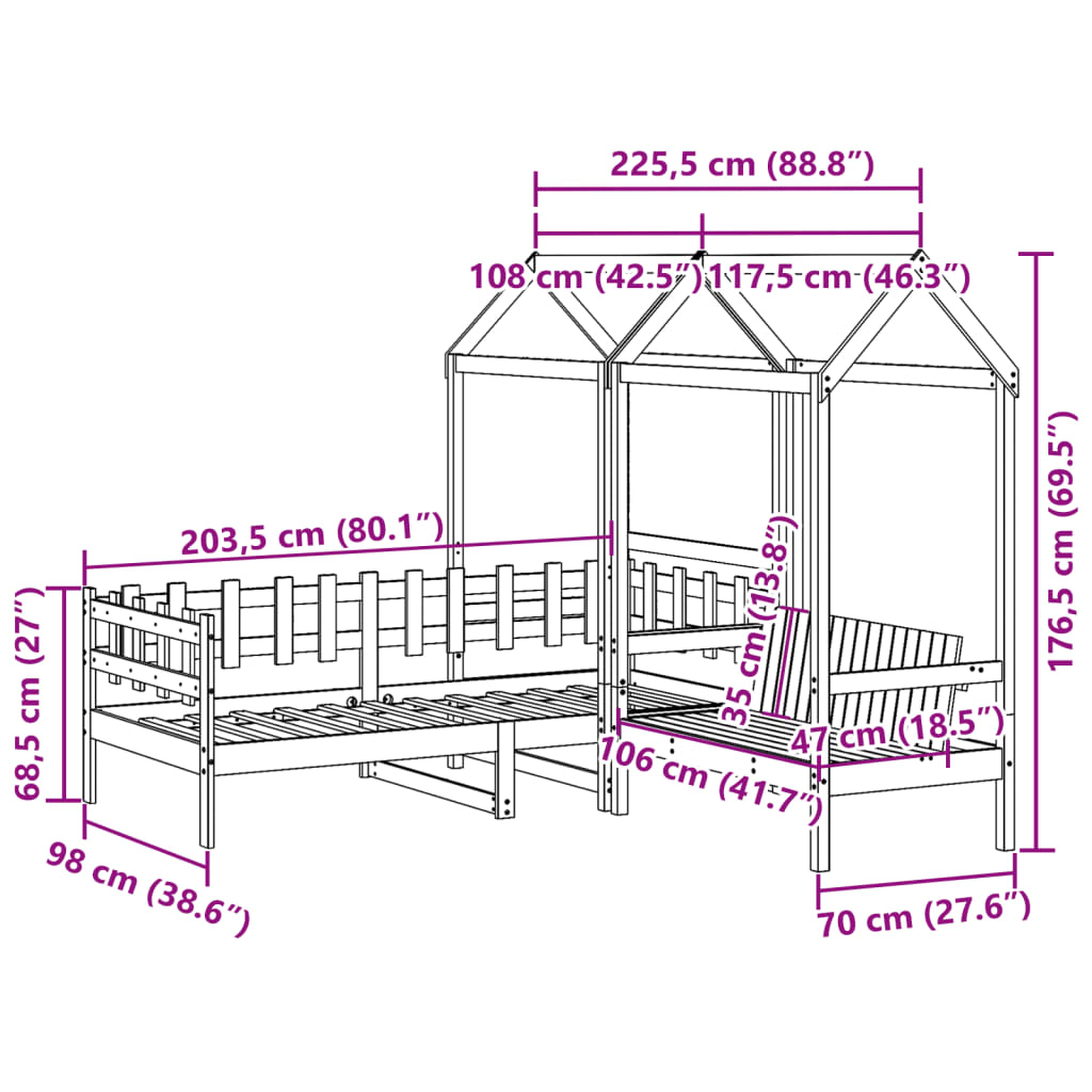 vidaXL Kinderbed met huisje en bankje massief grenenhout 90x200 cm