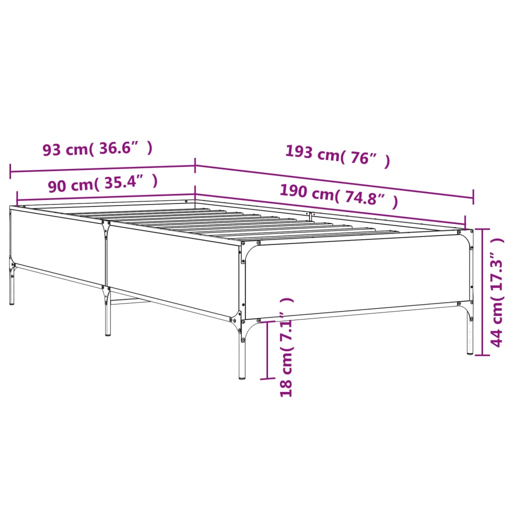 vidaXL Bedframe bewerkt hout en metaal grijs sonoma eiken 90x190 cm