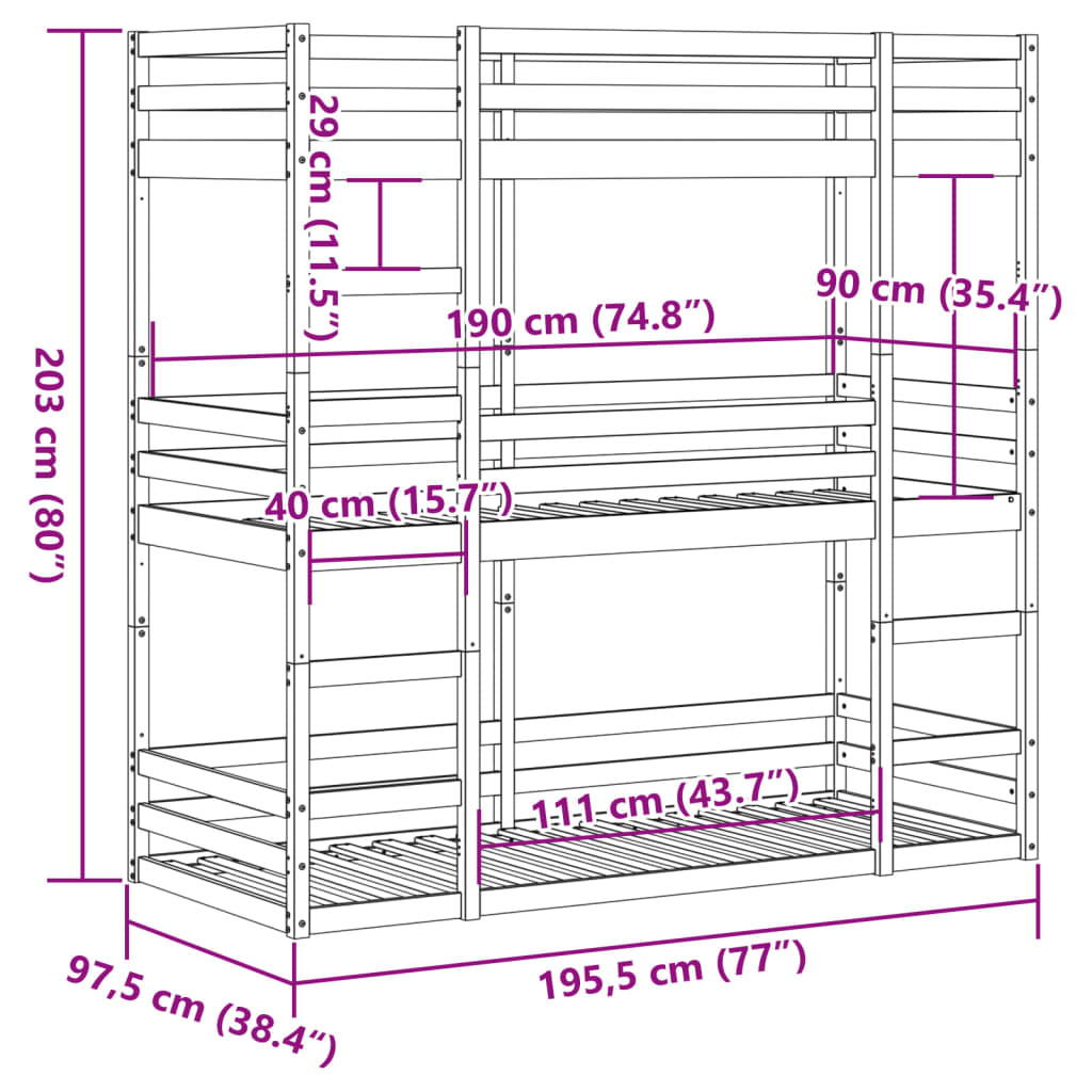 vidaXL Stapelbed 3-persoons massief grenenhout 90x190 cm