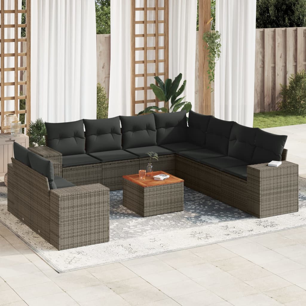 vidaXL 10-delige Loungeset met kussens poly rattan grijs