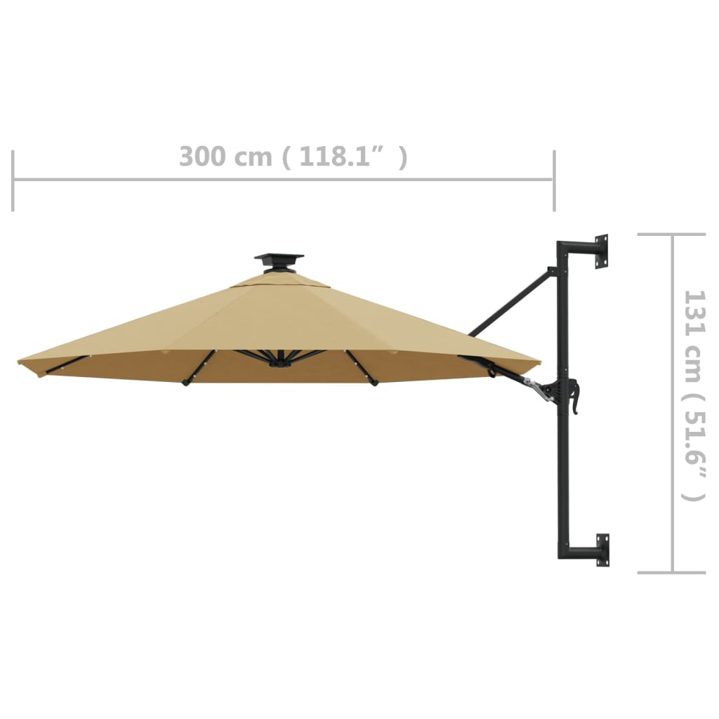 vidaXL Wandparasol met LED's 300 cm taupe