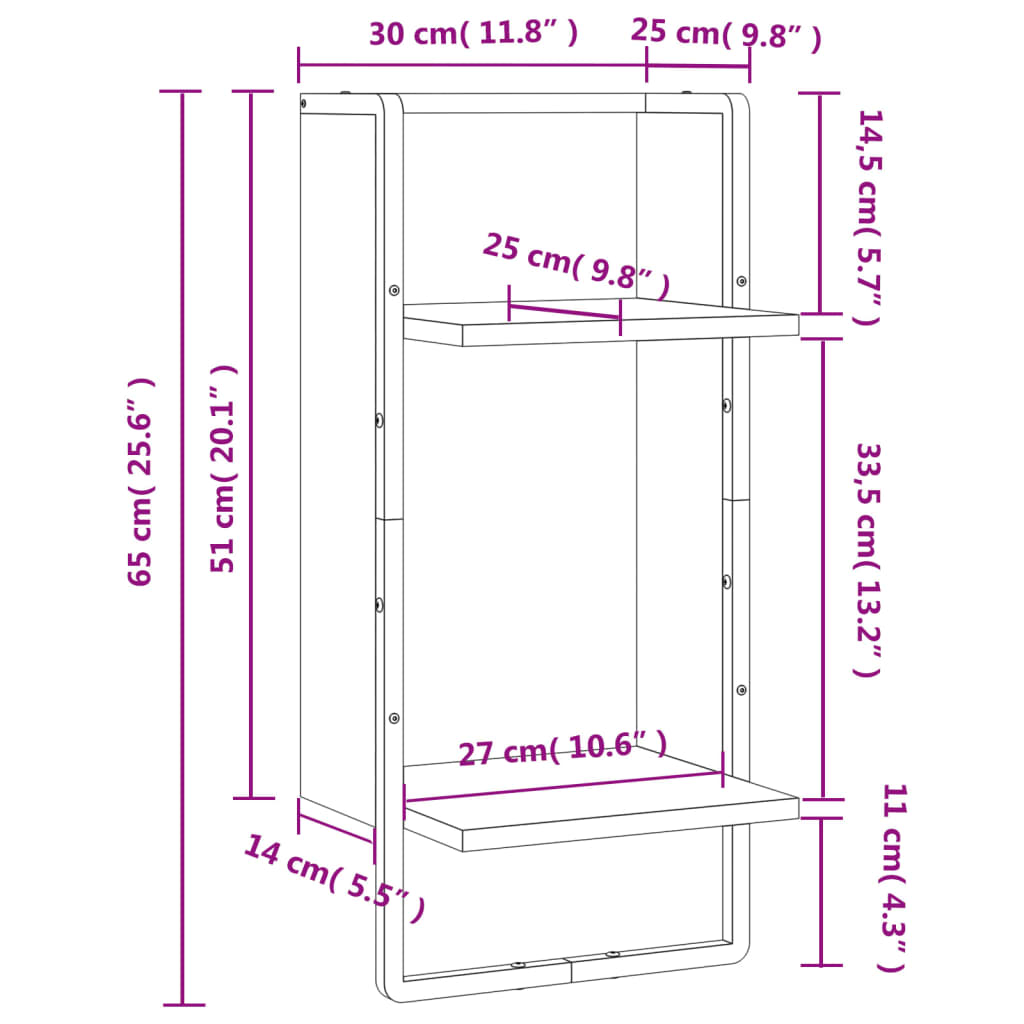 vidaXL Wandschap met stang 30x25x65 cm grijs sonoma eikenkleurig