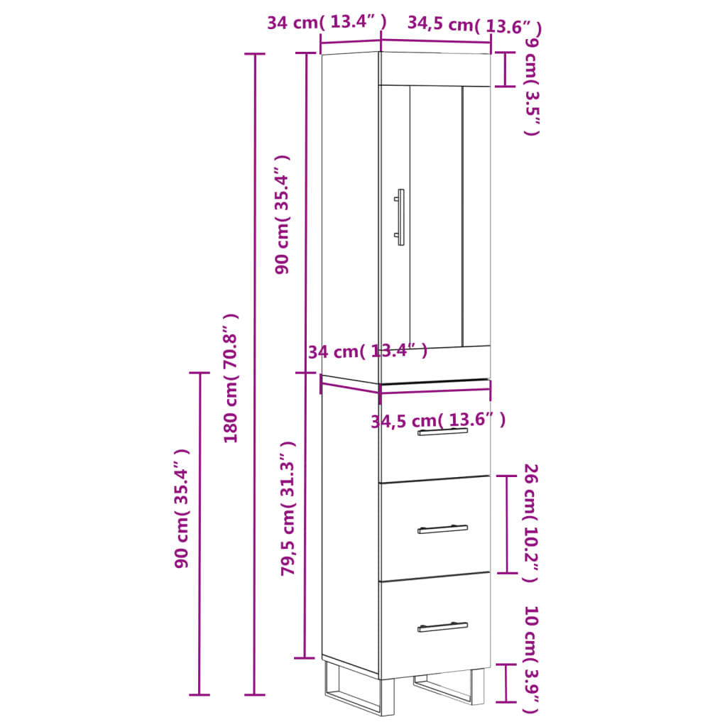 vidaXL Hoge kast 34,5x34x180 cm bewerkt hout gerookt eikenkleurig