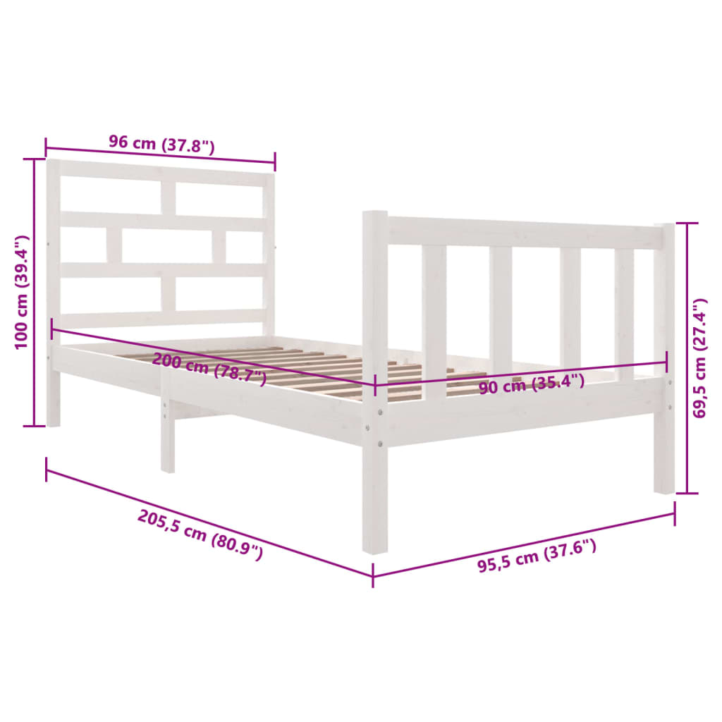 vidaXL Bedframe massief grenenhout wit 90x200 cm