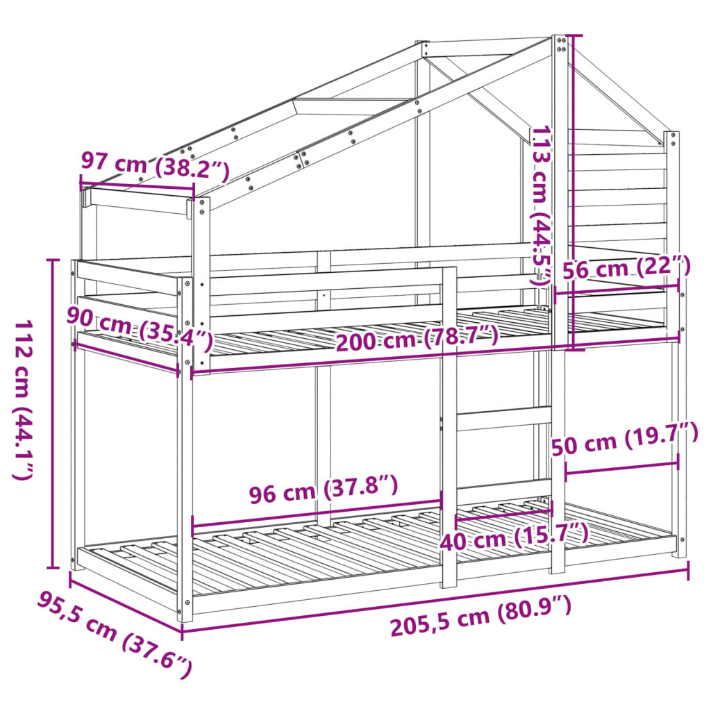 vidaXL Stapelbed met bedhuis massief grenenhout wasbruin 90x200 cm