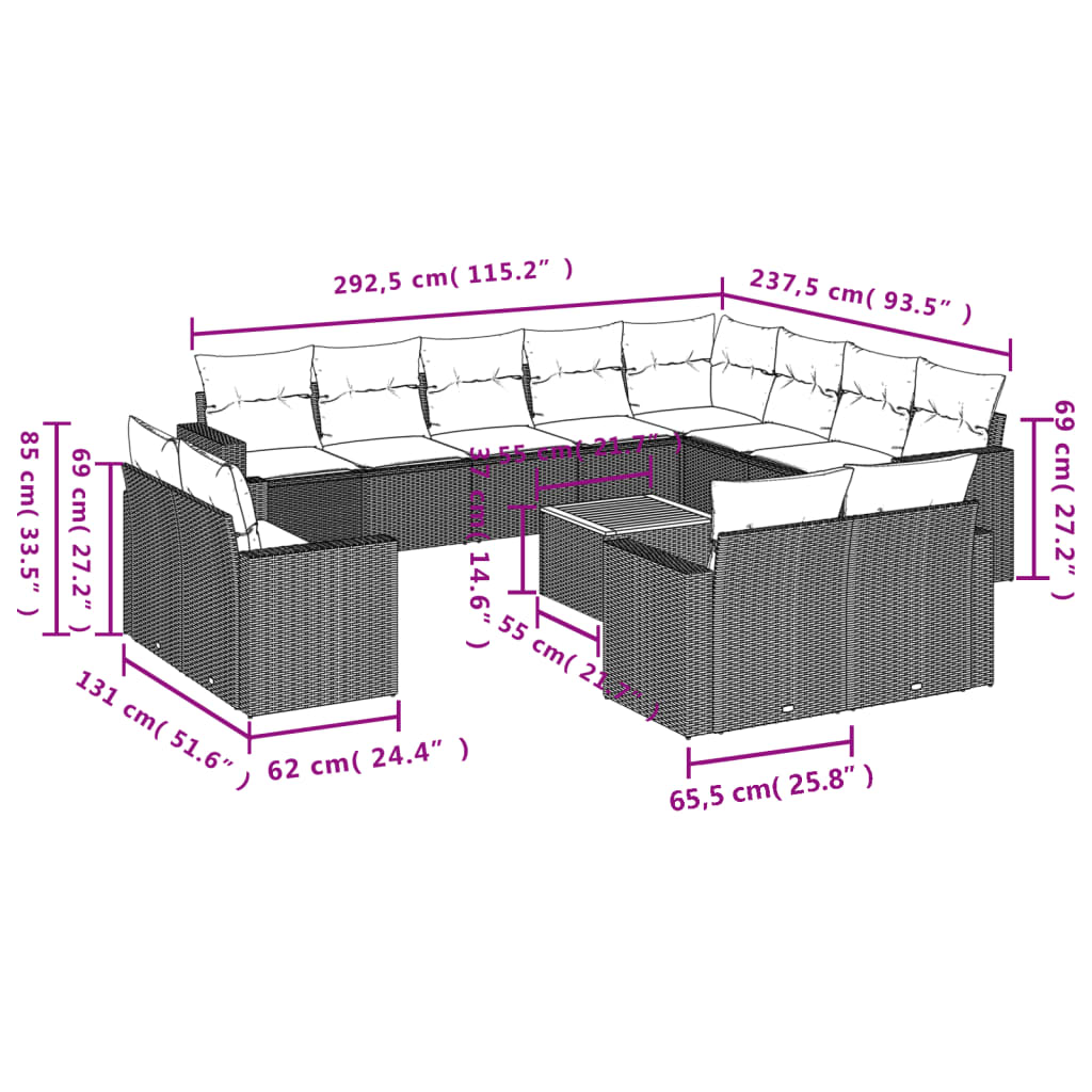 vidaXL 13-delige Loungeset met kussens poly rattan zwart