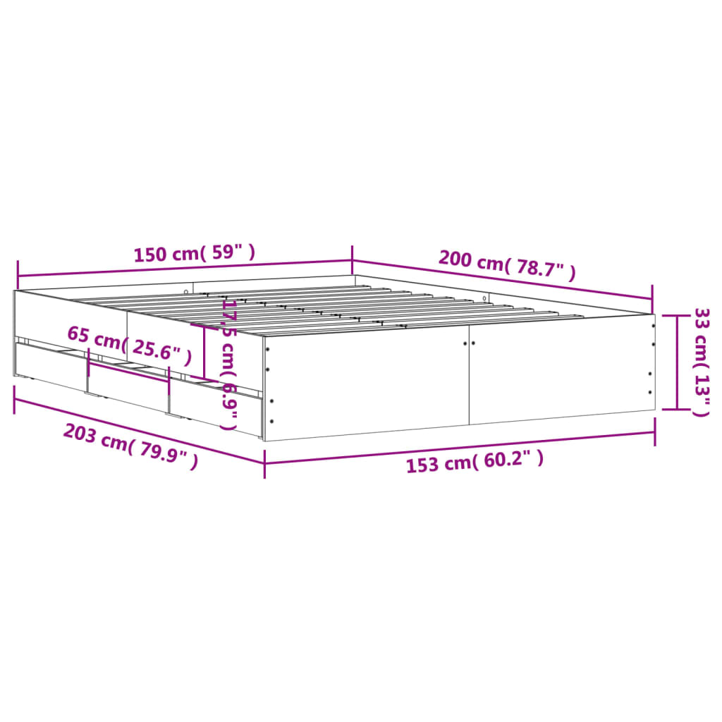 vidaXL Bedframe met lades bewerkt hout sonoma eikenkleurig 150x200 cm