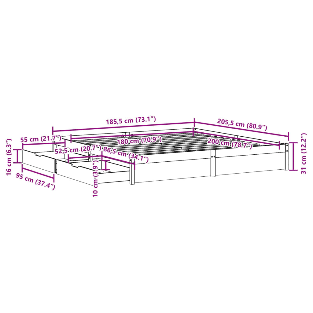 vidaXL Bedframe zonder matras massief grenenhout wit 180x200 cm