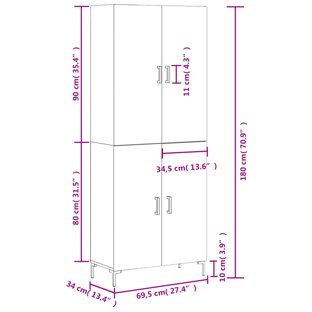 vidaXL Hoge kast 69,5x34x180 cm bewerkt hout grijs sonoma eikenkleurig