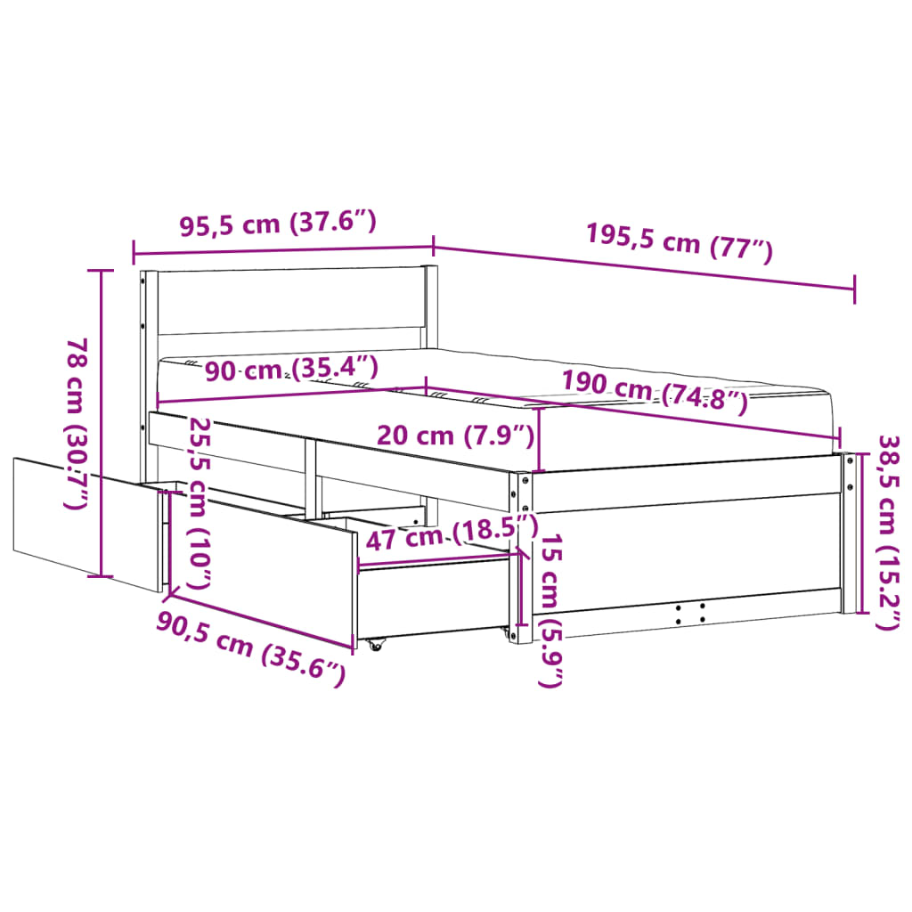 vidaXL Bed met lades en matras massief grenenhout 90x190 cm