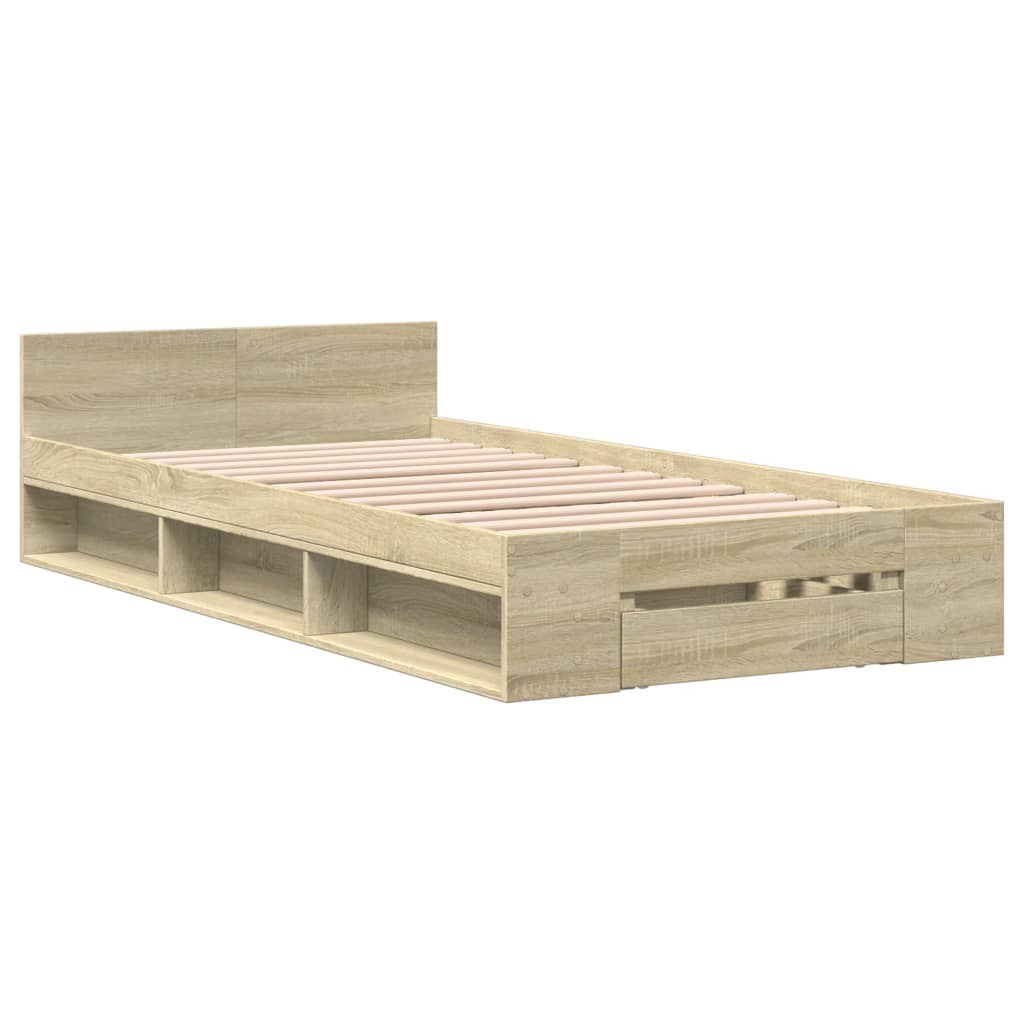 vidaXL Bedframe met lade bewerkt hout sonoma eikenkleurig 75x190 cm