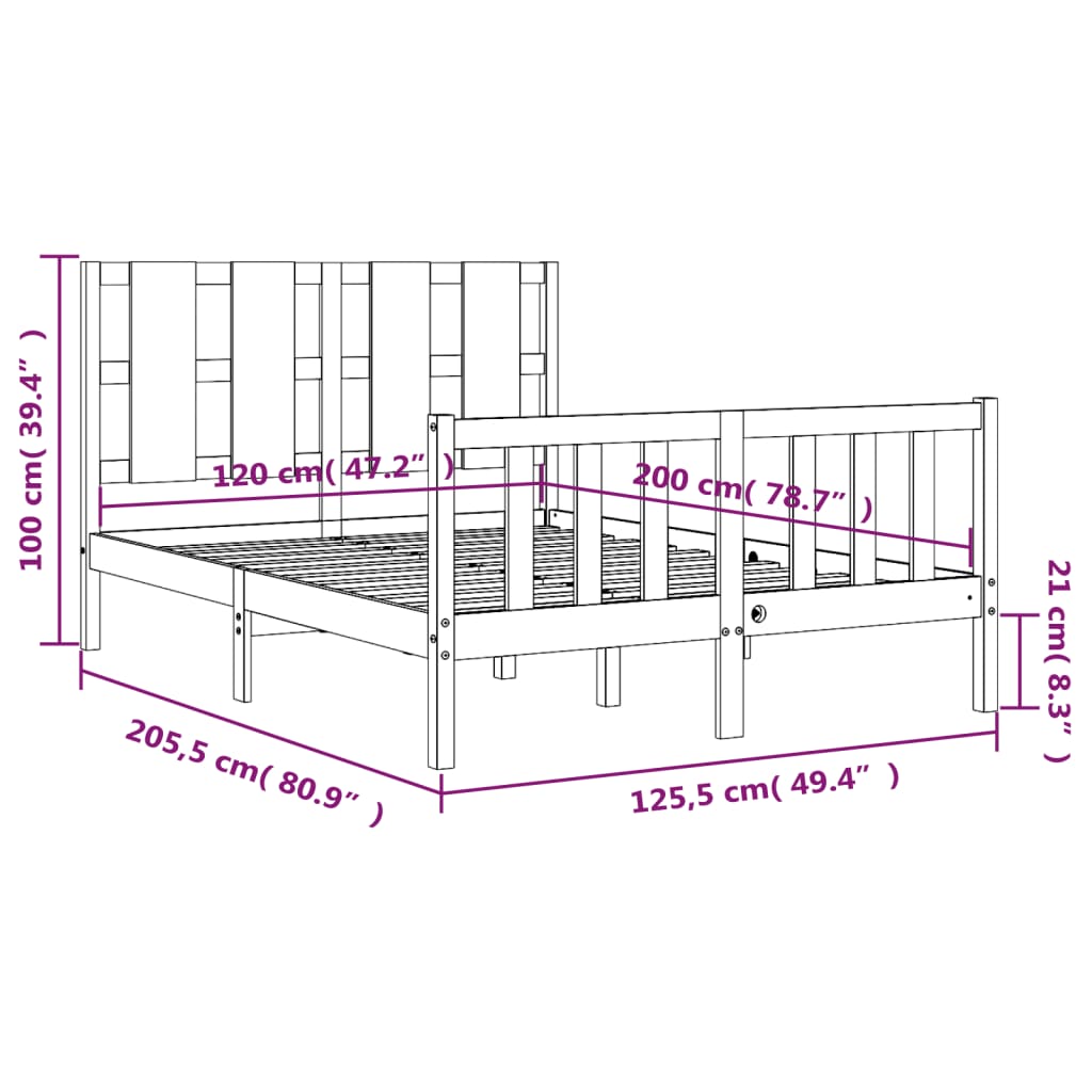 vidaXL Bedframe met hoofdbord massief hout wit 120x200 cm