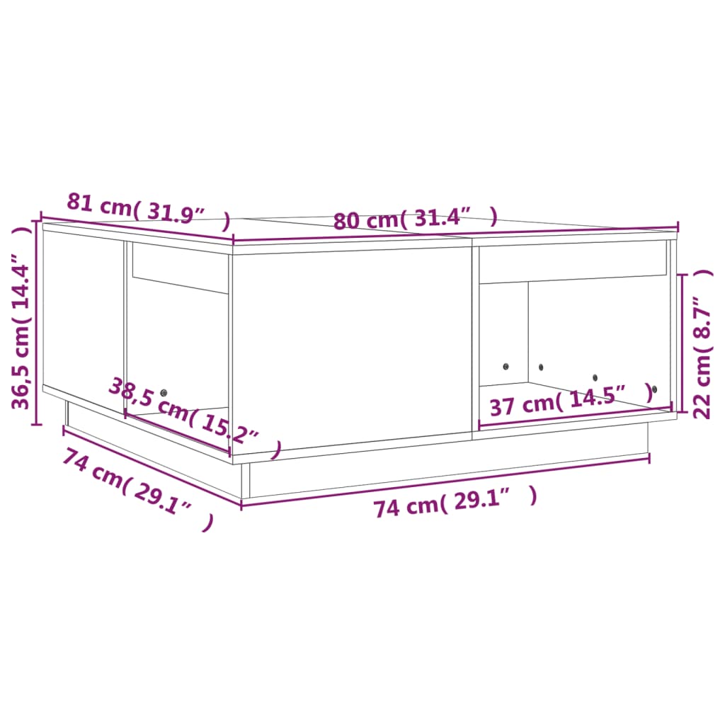 vidaXL Salontafel 80x81x36,5 cm massief grenenhout wit