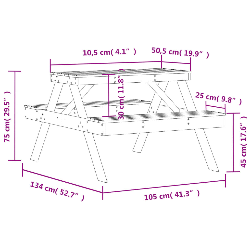 vidaXL Picknicktafel 105x134x75 cm massief grenenhout