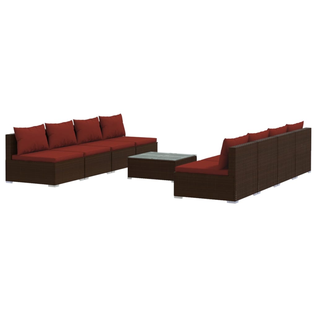 vidaXL 9-delige Loungeset met kussens poly rattan bruin