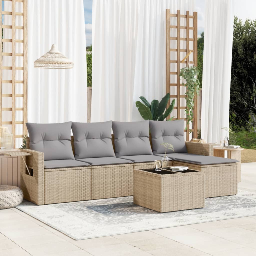 vidaXL 6-delige Loungeset met kussens poly rattan beige