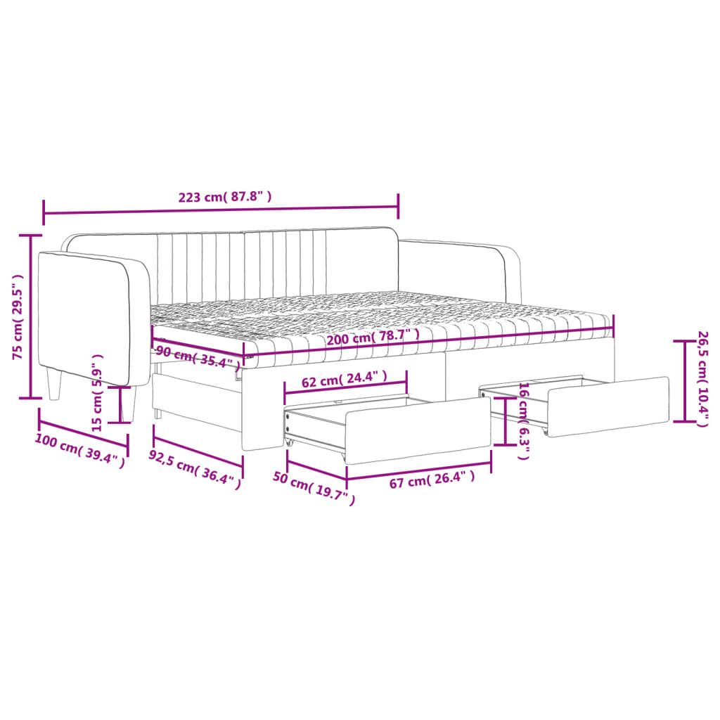 vidaXL Slaapbank onderschuifbed en lades 90x200 cm fluweel lichtgrijs