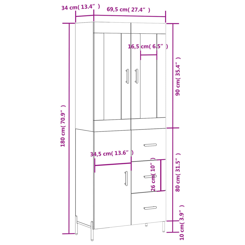 vidaXL Hoge kast 69,5x34x180 cm bewerkt hout bruin eikenkleur