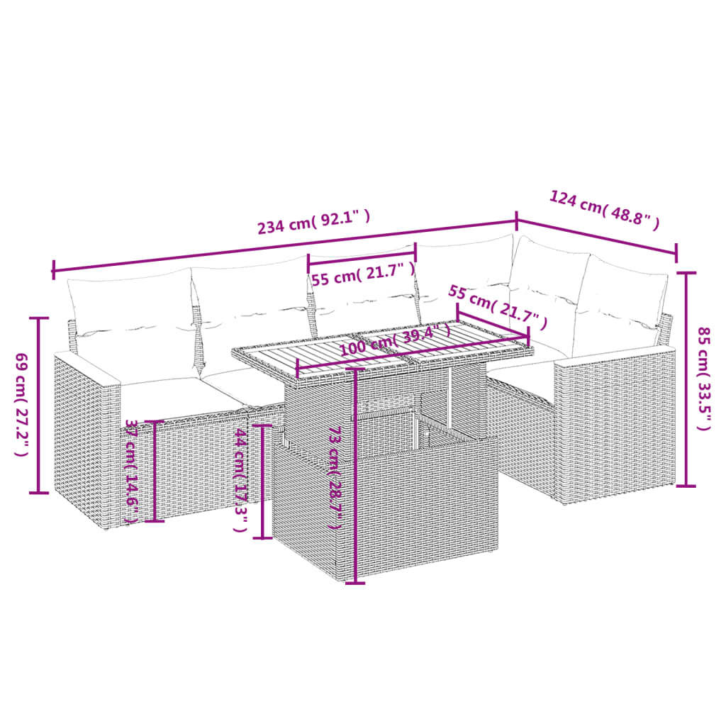 vidaXL 6-delige Loungeset met kussens poly rattan zwart